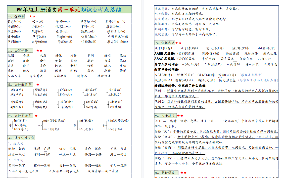 四上语文1-8单元知识点考点总结+同步期末默写单(51页)-免费学习资料下载 - 开学吧