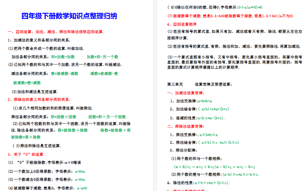 【8页高清完整版】四年级(下)数学知识点整理归纳-教学网
