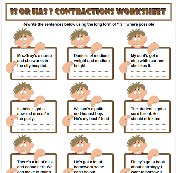 【2页高清彩色版】is or has contraction grammar exercises esl worksheet【完整可直接打印】语法作业纸63套-教学网