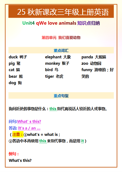 【2025秋新版】三年级上册英语第四单元知识点整理-教学网