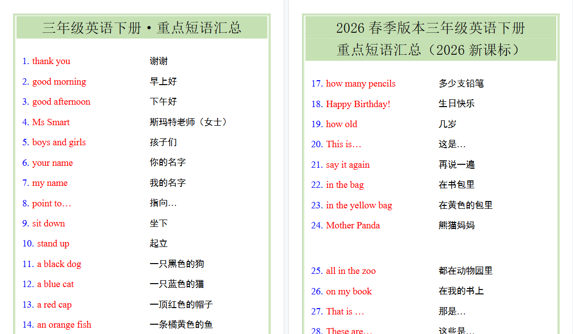 2026春新版三年级英语下册·重点短语汇总-免费学习资料下载 - 开学吧