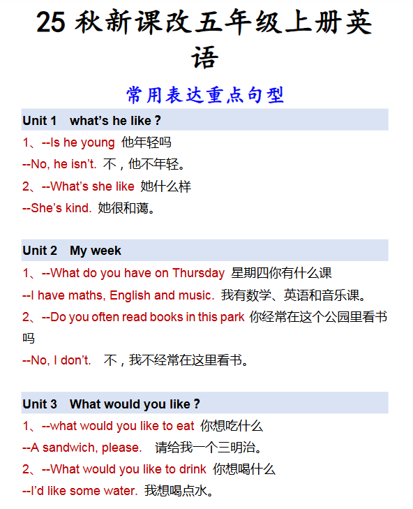【2025秋新版】五年级上册英语 常用表达重点句型-教学网