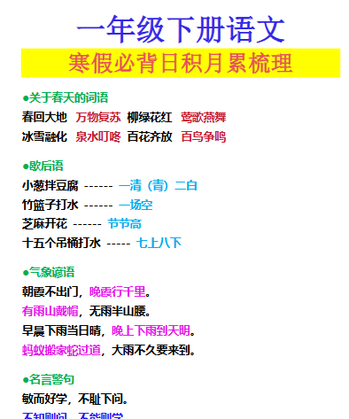 【2026寒假】一年级下册语文寒假必背日积月累梳理-免费学习资料下载 - 开学吧