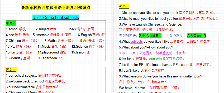 【16页高清完整版】四（下）英语（译林版）考点整理（1-8单元）-教学网