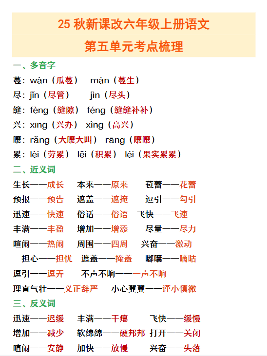 【2025秋新版】六年级上册语文第五单元重点考点梳理-教学网