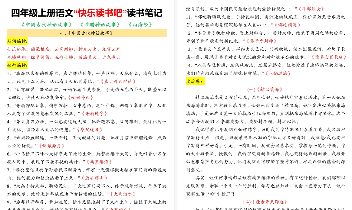 【9页高清完整版】四年级上册语文快乐读书吧读书笔记-免费学习资料下载 - 开学吧