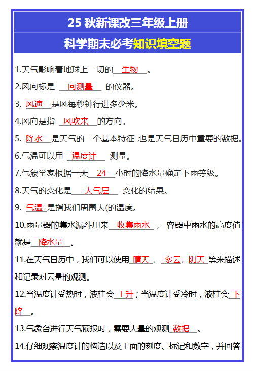 【2025秋新版】三年级上册科学期末必考知识填空题-教学网