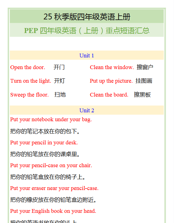 【2025秋新版】四年级英语(上册)重点短语汇总-教学网