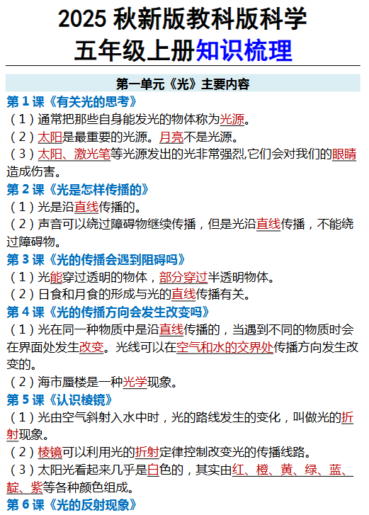 【2025秋新版】教科版科学五年级上册知识梳理-教学网