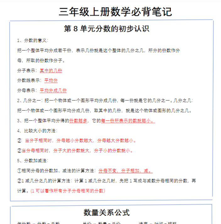 【高清电子版】三上数学重点贴（打印设置一页两张就是课本贴大小）-教学网
