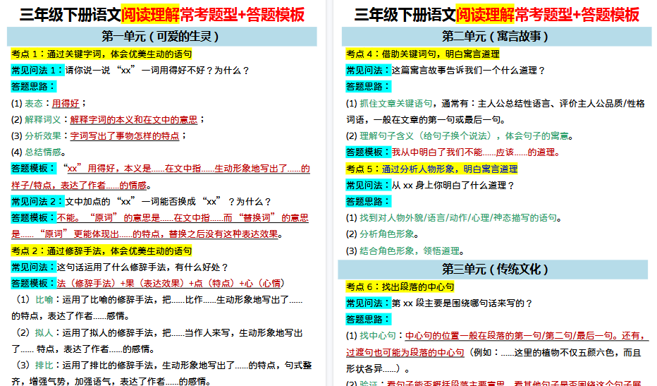 【2026春6页完整版】三年级下册语文阅读理解答题模板-免费学习资料下载 - 开学吧