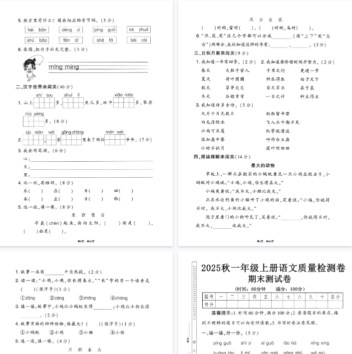 25秋三上语文期末押题模拟测试卷五套（含答案25页）-教学网
