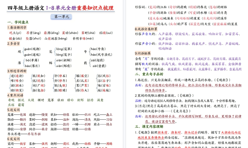 【24页高清完整版】四年级(上)语文1-8单元全册重要知识点梳理-免费学习资料下载 - 开学吧