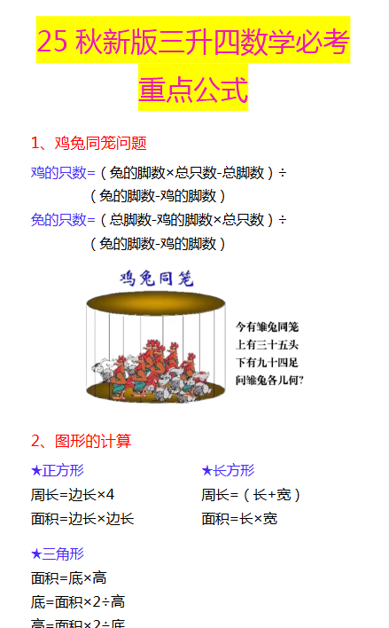 【2025秋新版】三升四数学必考重点公式-教学网