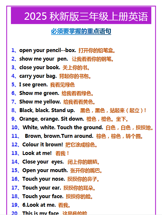 【2025秋新版】三年级上册英语必须要掌握的重点语句-教学网