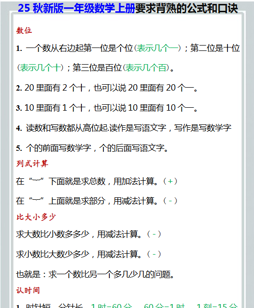 【2025秋新版】一年级数学上册要求背熟的公式和口诀-教学网