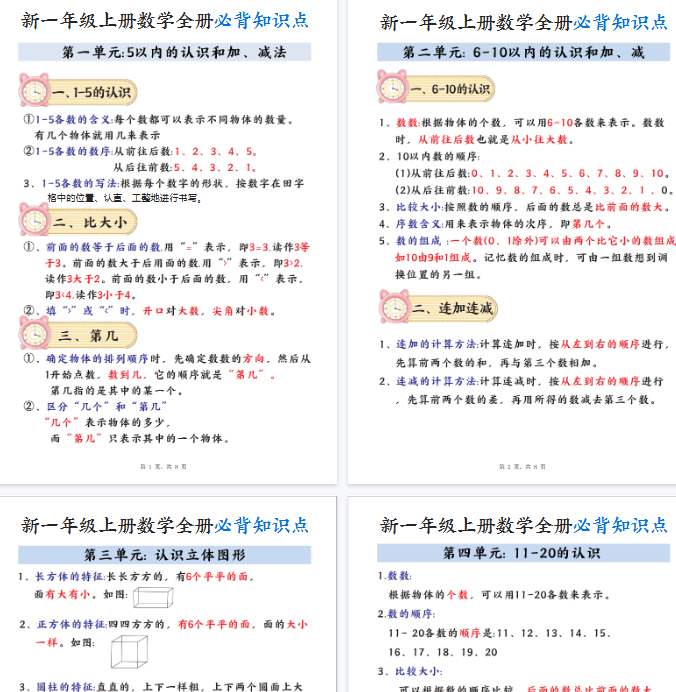【8页完整版】一年级数学知识点汇总【期末高清版可直接打印】-教学网