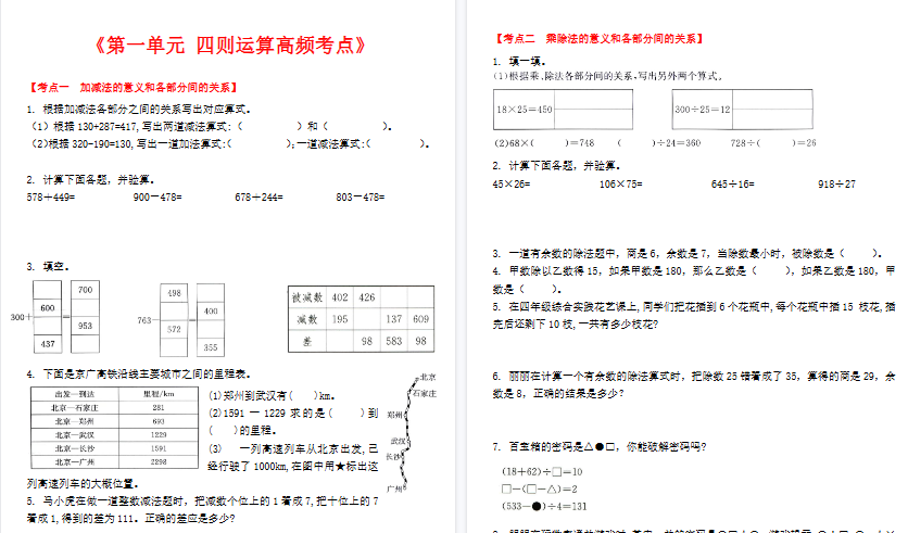 【50页高清完整版】四（下）数学（人教版）1-9单元高频考点-空白版-教学网