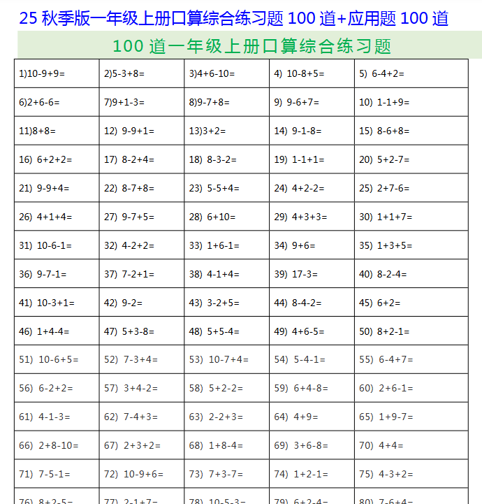 【2025秋新版】一年级上册口算综合练习题100道+应用题100道-教学网