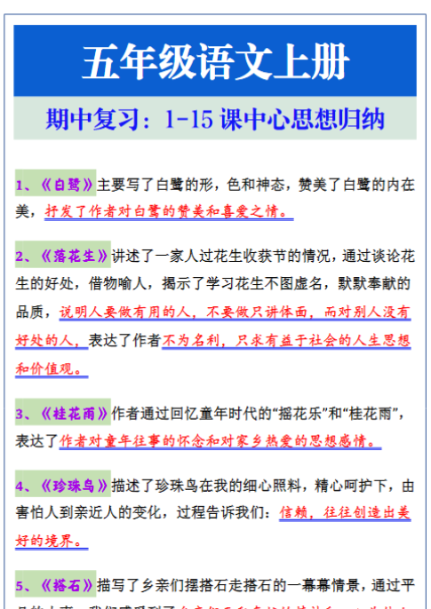 五年级语文上册期中复习：1-15课中心思想归纳-教学网