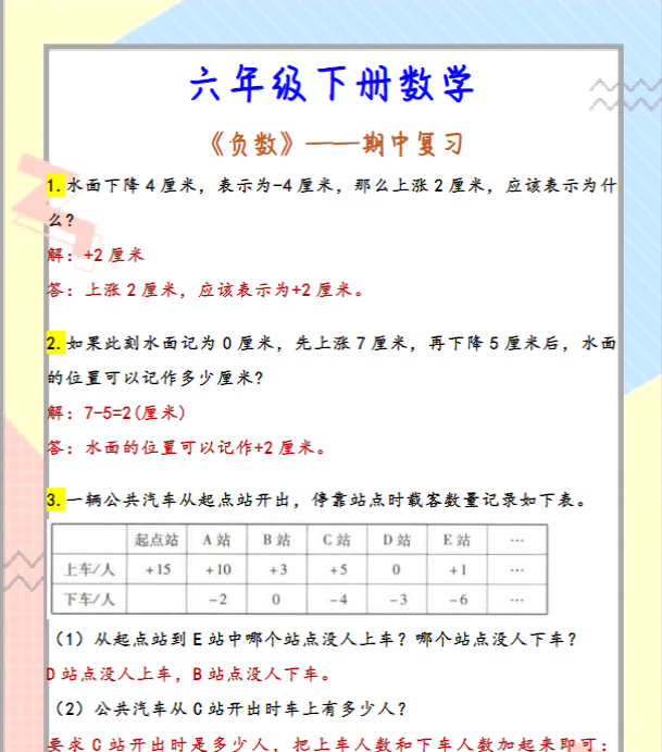 六年级下册数学 《负数》——期中复习-教学网