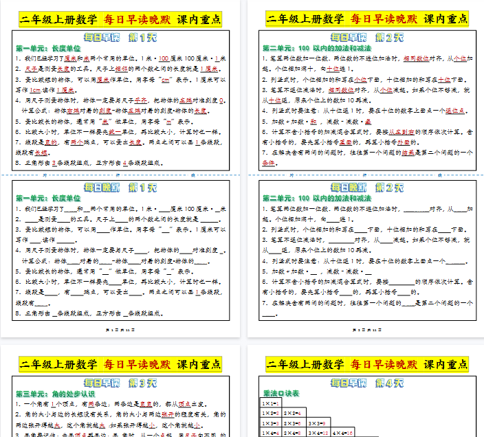 【11页完整版】二上数学 人教版每日晨读晚默-重点知识点-教学网