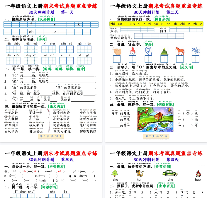 【30页完整版】一年级（上）语文期末复习每日一练30天冲刺计划-教学网
