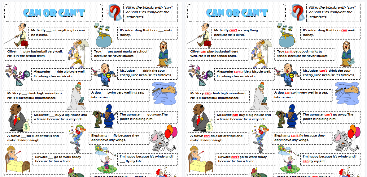 【2页高清彩色版】Expressing ability or inability modal verbs can or cant worksheet【完整可直接打印】语法作业纸63套-教学网