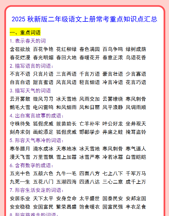 【2025秋新版】二年级语文上册常考重点知识点汇总-教学网