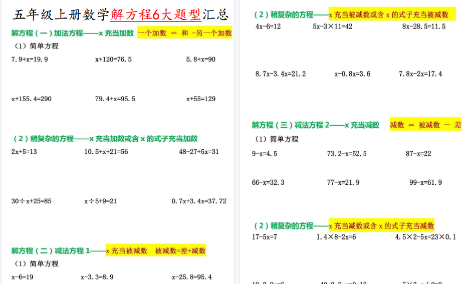 【4页高清完整版】《五年级上册数学解方程6大题型汇总》五年级上 数学-免费学习资料下载 - 开学吧