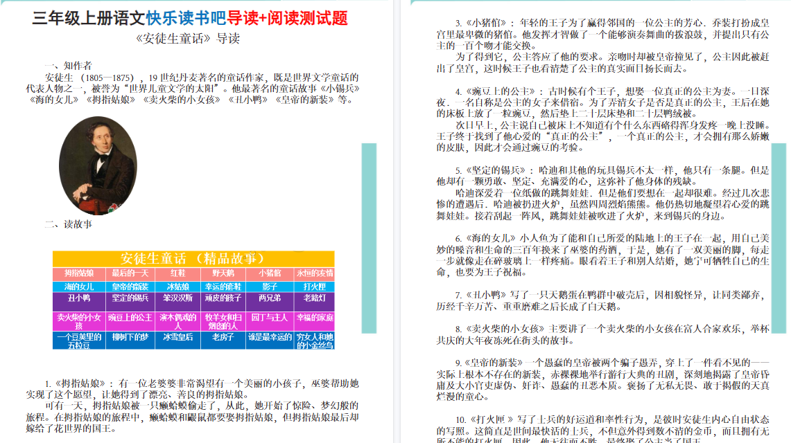 三上语文快乐读书吧导读+期末阅读测试题（安徒生童话+稻草人+格林童话）含答案20页-免费学习资料下载 - 开学吧