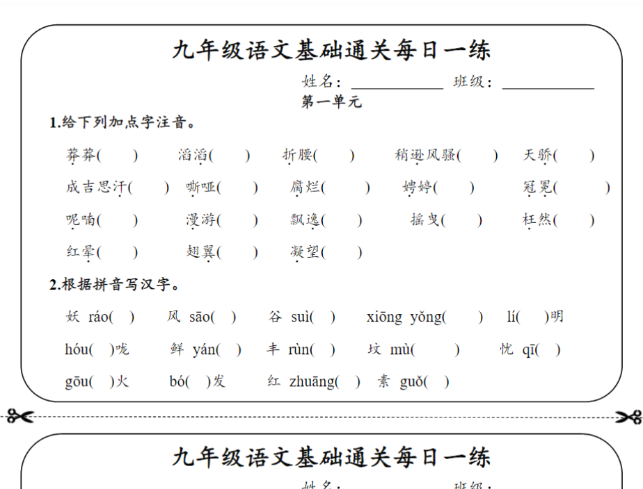 15页！九年级语文基础通关每日一练【空白+答案】-教学网