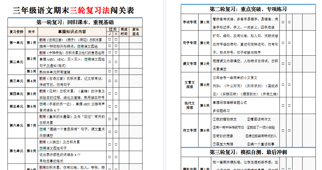 【2页高清完整版】三下语文【期末三轮复习法闯关表】-免费学习资料下载 - 开学吧