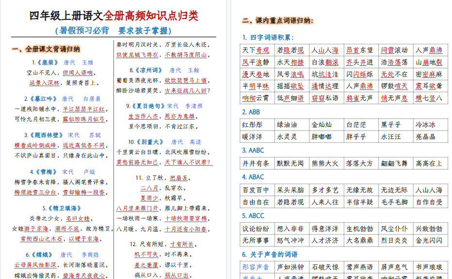 【22页高清完整版】四（上）语文全册高频知识点归纳-免费学习资料下载 - 开学吧
