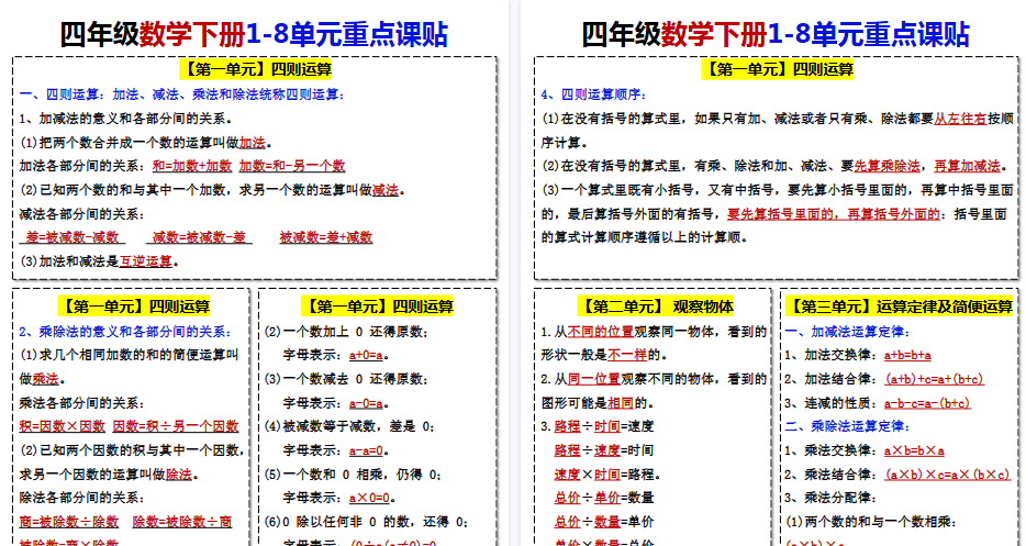 【2026春7页完整版】四年级下册数学课贴-免费学习资料下载 - 开学吧