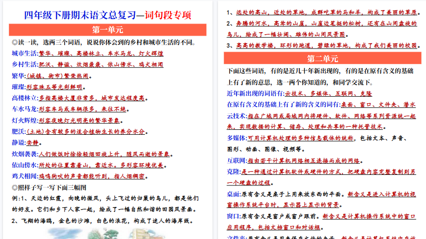 【9页高清完整版】四年级下册语文词句段总结-教学网