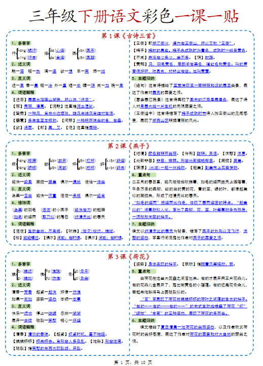 《2025春新课改新版三下语文彩色一课一贴》(课内重点课课贴)10页-教学网
