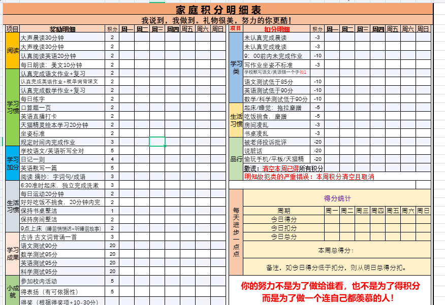 【新版】家庭积分明细表模板【高清无水印】-教学网