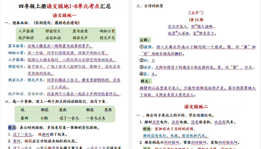 【15页高清完整版】四年级(上)语文园地1-8单元考点汇总-免费学习资料下载 - 开学吧