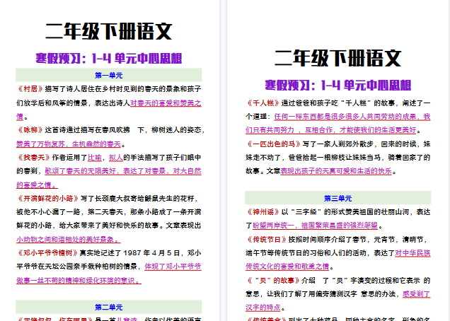 【2026寒假3页】二年级下册语文寒假预习:1-4单元中心思想-免费学习资料下载 - 开学吧