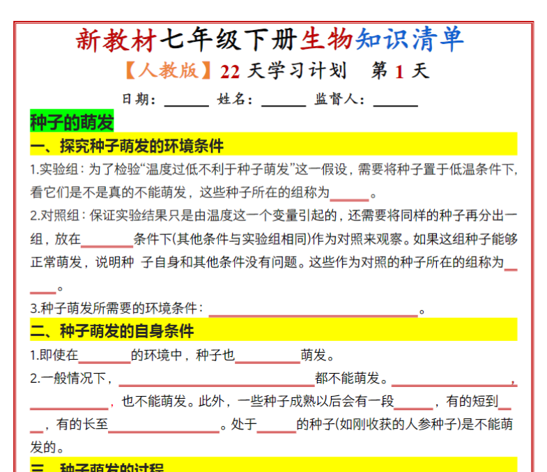 22页！七年级下册生物知识清单（人教版2025）22天学习计划（挖空版）-教学网