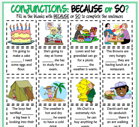【2页高清彩色版】conjunctions because or so esl printable gap fill exercise for kids【完整可直接打印】语法作业纸63套-教学网