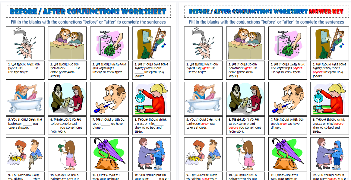 【2页高清彩色版】before and after conjunctions esl grammar exercise worksheet【完整可直接打印】语法作业纸63套-教学网