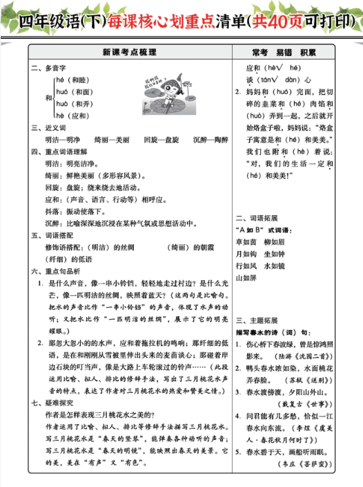 《2025春新课改四下每课核心划重点清单》共40页囊括所有的考点-教学网