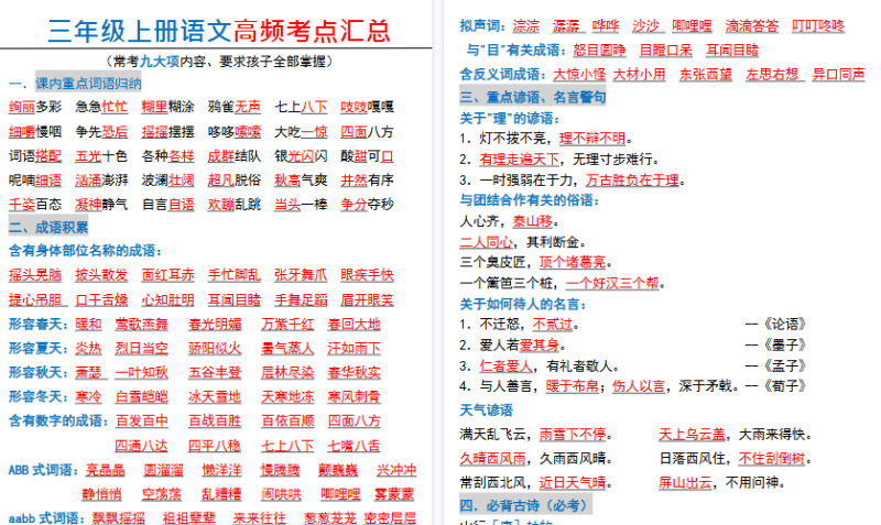 【2026高清22页】三（上）语文全册高频考点-免费学习资料下载 - 开学吧
