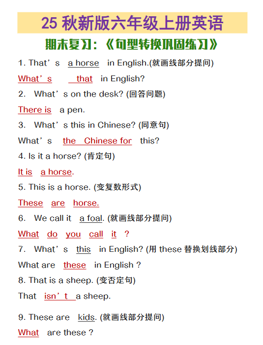 【2025秋新版】六年级上册英语期末复习句型转换巩固练习-教学网