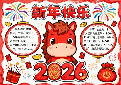 马年（新年快乐）2026手抄报-高清可直接打印无水印版本-教学网