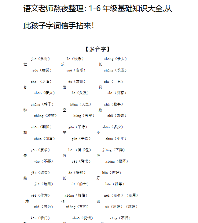 【8页新版】小升初复习：：1-6年级基础知识大全，从此孩子字词信手拈来！【高清完整版】-教学网
