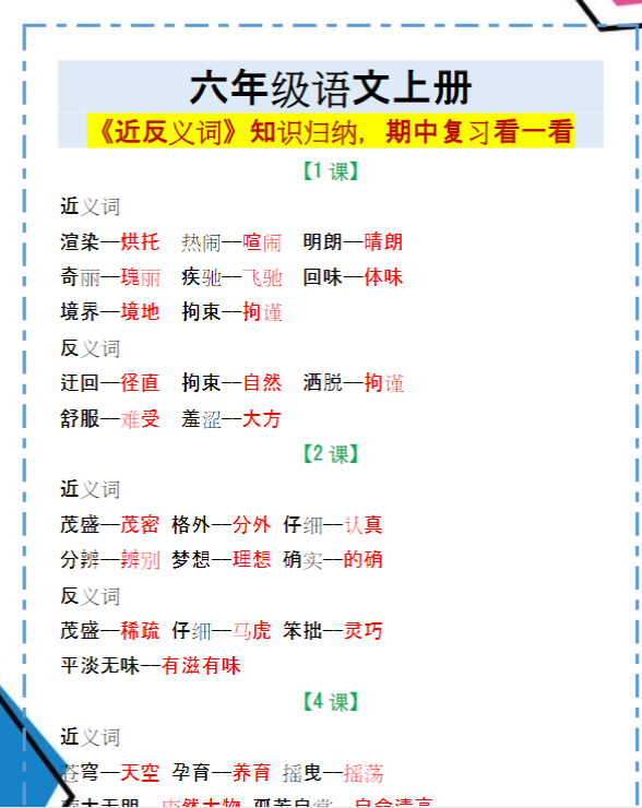 六年级语文上册《近反义词》知识归纳，期中复习看一看！-教学网
