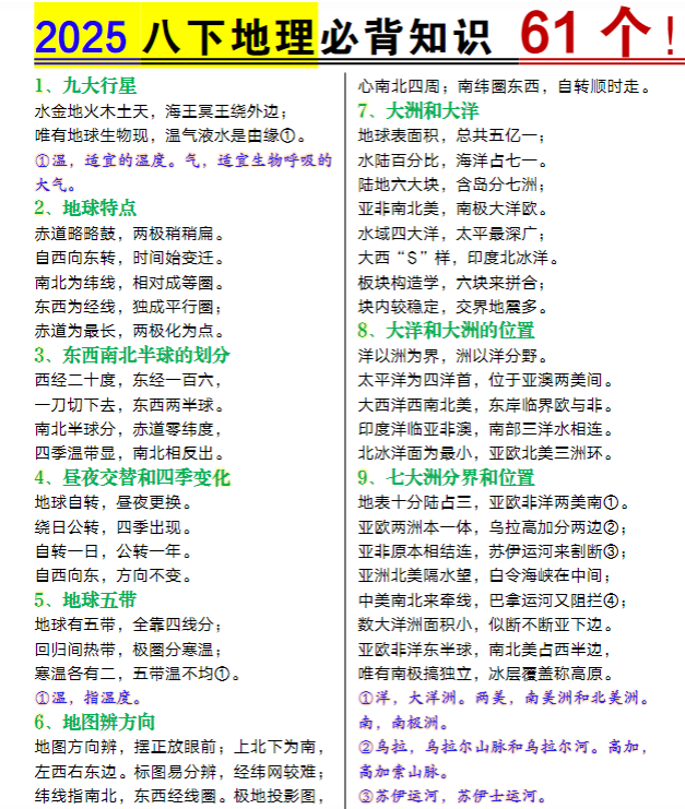 八年级下册地理61个必背知识-教学网